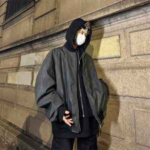 假两件拼色连帽PU皮夹克外套秋冬男装潮摇滚设计双层拉链机车皮衣图片