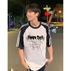 抖音得物品质二开240克宽松纯棉美式潮牌插肩三杠织带短袖T恤，男装T恤，电商A486