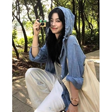 法式蓝色格纹连帽衬衫灯笼袖夏季休闲长袖上衣宽松慵懒防晒C126，男装防晒衣，星座1116A（原606A-3）