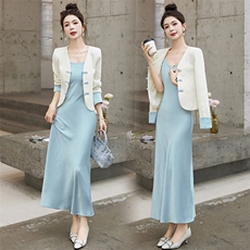 新中式套装连衣裙女2024春新款盘扣蕾丝外套名媛气质吊带裙两件套，女装套装/套裙，涵墨