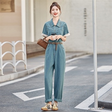 美式复古Polo领牛仔连体裤女夏季2025新款收腰显瘦直筒阔腿拖地裤，女装连体裤，微微衣阁