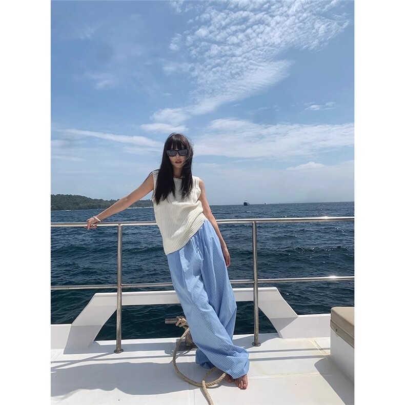 R1DGE蓝色竖条纹垂感直筒休闲裤男女宽松阔腿拖地长裤显瘦慵懒风图片