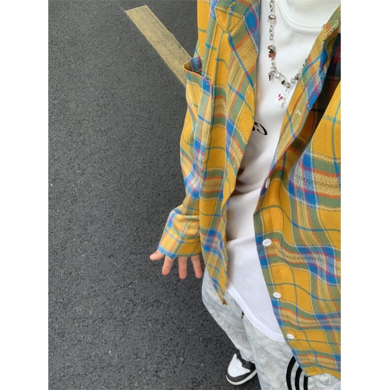 【有货】cleanfit黄色格子衬衫男女美式复古长袖衬衣C626LL-特P38,男装衬衫,星座1007（原301D）