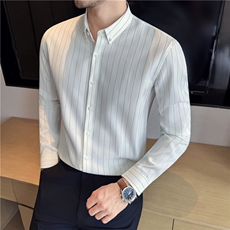 厚款质感宽条纹长袖衬衫男士商务免烫抗皱衬衣咖啡色C805-P58，男装衬衫，电商A213