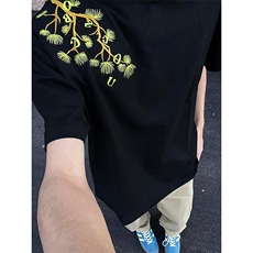 美式罗汉松刺绣短袖男夏季新款字母花卉重磅时尚T恤潮牌情侣半袖，男装T恤，星座506A