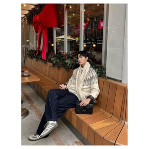 工装美式复古重磅冰岛毛衣男圆领费尔岛提花慵懒风针织衫秋冬M521图片