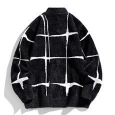 XZ-221/MY963/P115秋冬仿貂毛休闲格子提花开衫毛衣针织衫外套，男装针织衫/毛衣，星座221