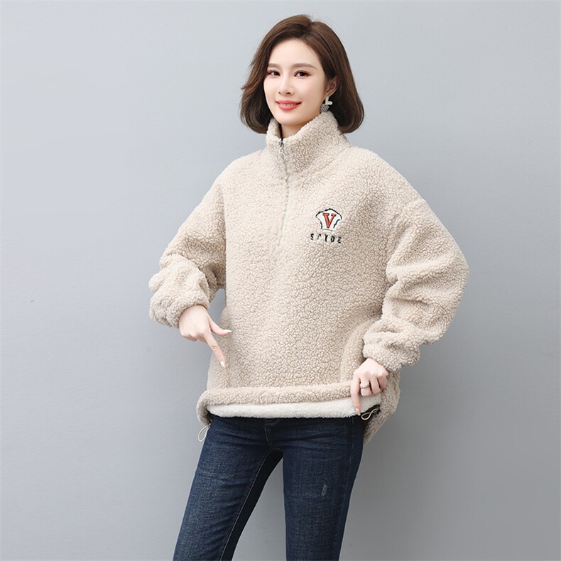 2024冬季加厚套头保暖舒适高雅休闲羊羔绒外套,女装卫衣/绒衫,独衣靓