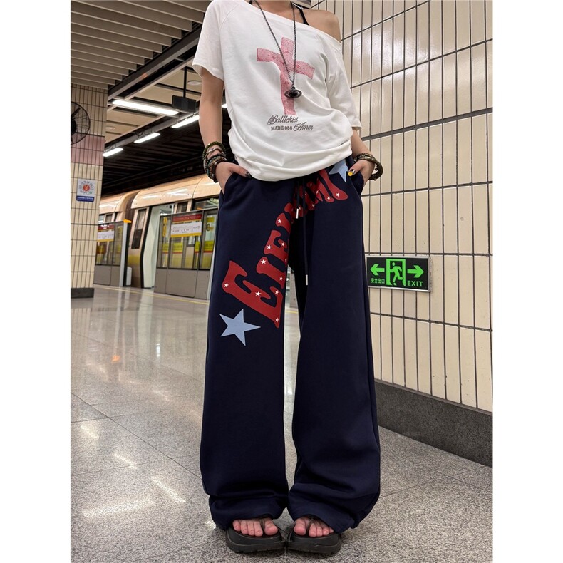 美式复古双腰头字母印花运动卫裤男女慵懒风宽松阔腿休闲裤图片