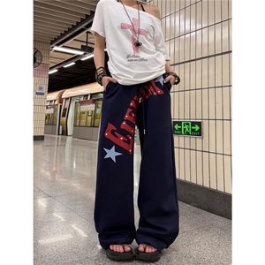 美式复古双腰头字母印花运动卫裤男女慵懒风宽松阔腿休闲裤图片