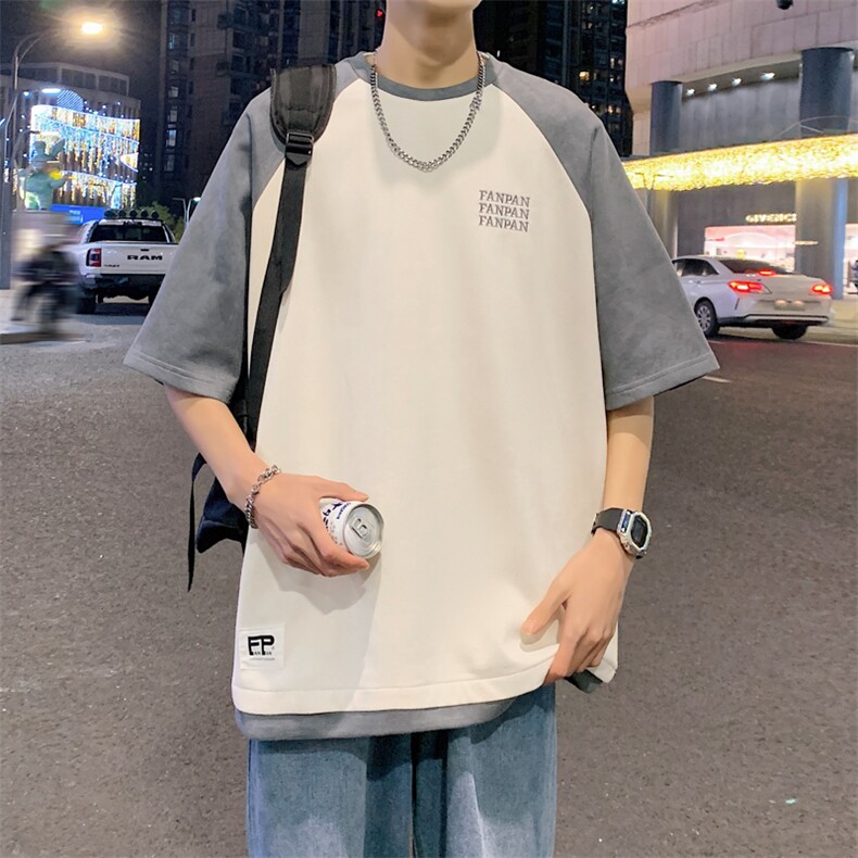 2026夏装男圆领拼色拼接麂皮绒五分袖短袖T恤T800/P35杏色9,男装T恤,电商A094