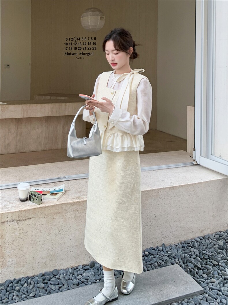 -2026年春季新款法式千金感蕾丝裙摆马甲半身裙三件套,女装套装/套裙,1D102-1