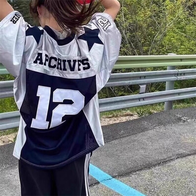 美式运动球衣短袖T恤男夏季潮牌宽松设计感小众情侣百搭撞色上衣，女装T恤，星座506A