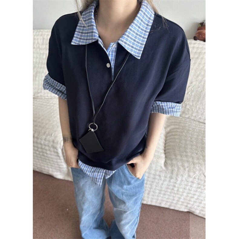 美式假两件短袖T恤男款夏季格纹宽松半袖POLO领上衣T64,男装Polo衫,星座1116A（原606A-3）