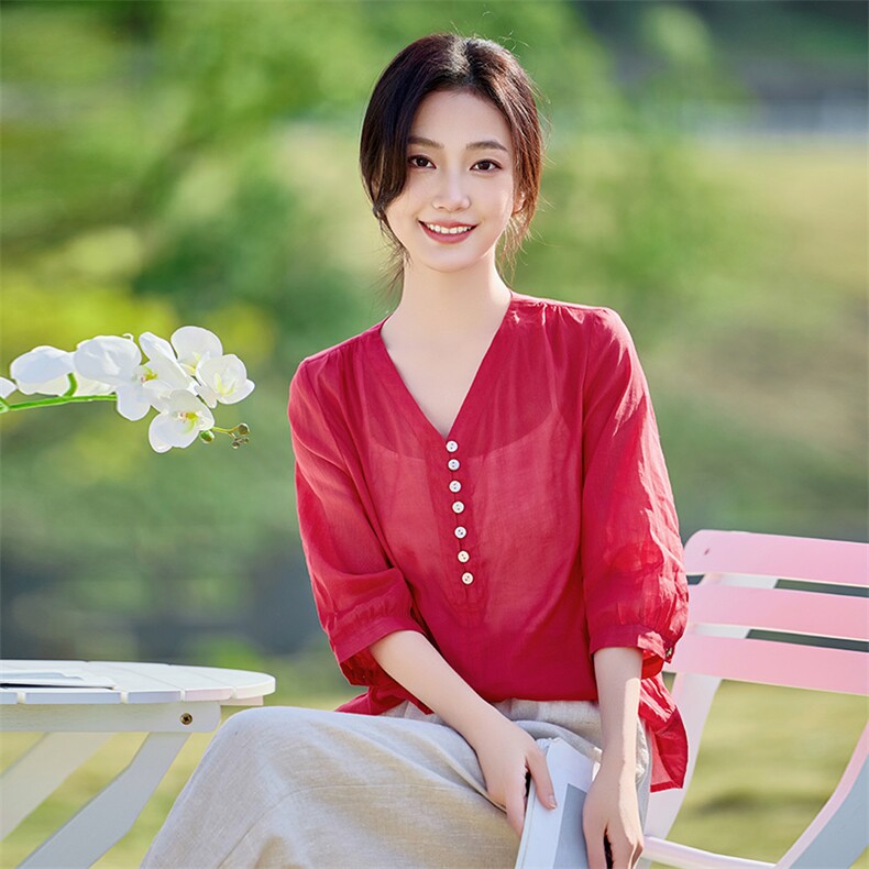 2026年夏季女短袖宽松亲肤透气文艺风,女装衬衫,江南依恋