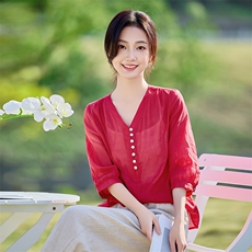2026年夏季女短袖宽松亲肤透气文艺风，女装衬衫，江南依恋