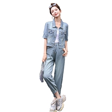 时尚夏季牛仔两件套显瘦高腰阔腿裤套装，女装套装/套裙，艾尚靓装