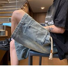 胖胖哥口袋系带牛仔短裤男夏季潮牌大码宽松阔腿裤痞帅风直筒裤子，男装牛仔裤，星座715-4