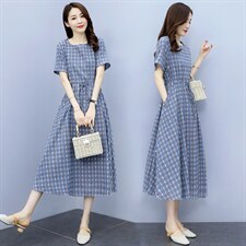 2021夏季新款简约气质圆领休闲舒适系带收腰显瘦棉麻连衣裙，女装连衣裙，香香