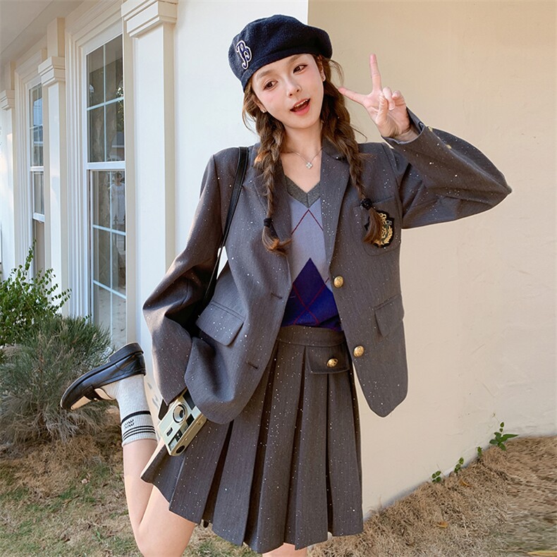 学院风西装套装女2025春季新款小香风爆款减龄超火百褶短裙两件套,女装套装/套裙,2D073