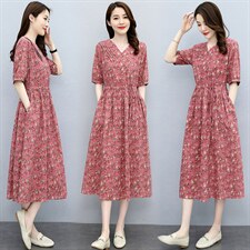 2021夏季新款简约时尚优雅气质V领休闲舒适抽绳碎花连衣裙，女装连衣裙，香水丽阁