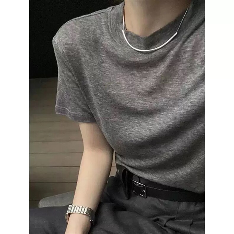 灰色针织面膜短袖t恤女夏薄款简约纯色时尚圆领上衣半袖正肩小衫，女装T恤，雪真羊绒