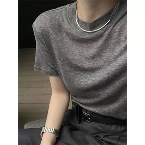 灰色针织面膜短袖t恤女夏薄款简约纯色时尚圆领上衣半袖正肩小衫图片
