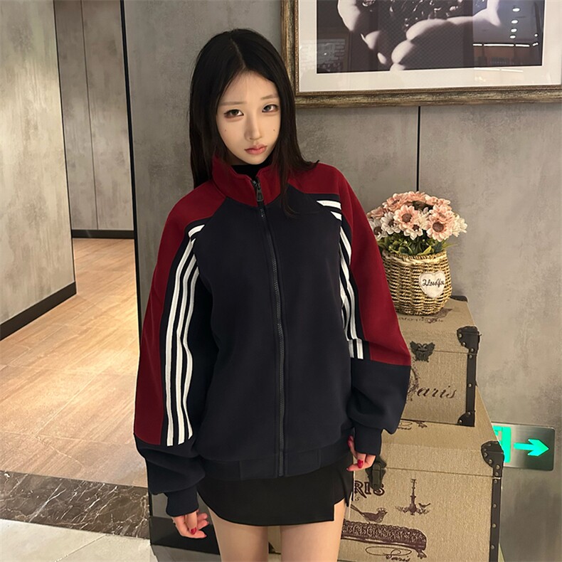 抖音得物高品质26春装美式高街重磅织带拼接撞色立领卫衣外套CM41,女装短外套,电商A486