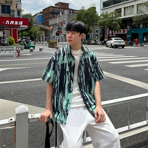 CS506～批35控49有货（自家图）黑白水墨花痞帅衬衫男生短袖夏季图片