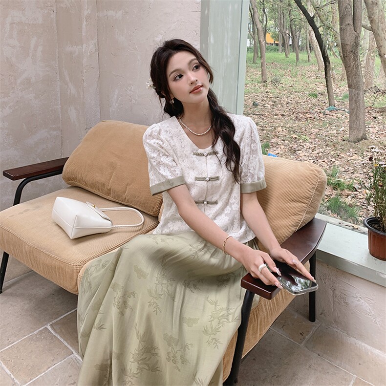 夏季新款蕾丝上衣新中式两件套优雅显瘦套装,女装套装/套裙,帛锦泉