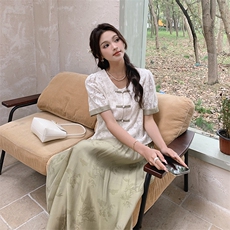 夏季新款蕾丝上衣新中式两件套优雅显瘦套装，女装套装/套裙，帛锦泉