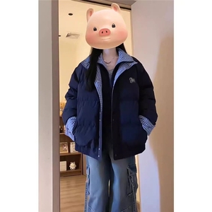藏青色假两件格子拼接羽绒棉服女冬季2025新款加厚面包服棉衣外套