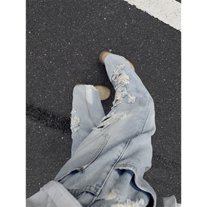 B221 美式ins高街暗黑宽松直筒破洞牛仔裤 LK25480-特P45控78图片