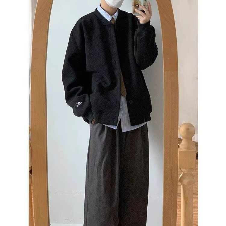 复古简约棒球服外套男生宽松百搭黑色休闲夹克秋冬上衣HHZ13 P57图片