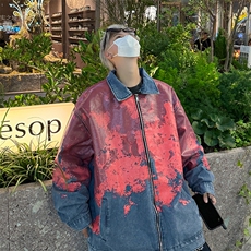 美式做旧扎染牛仔外套春秋季新款废士风设计感宽松潮流夹克，男装工装外套，星座410-7