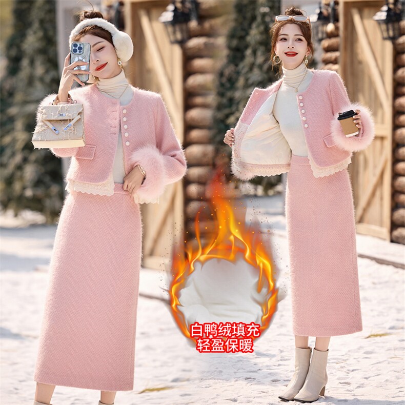 【现货】2024年冬季新款小香风羽绒套装裙气质显瘦优雅保暖轻奢，女装羽绒服，辉煌依升