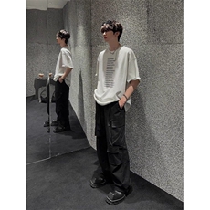 全棉常规纯色日常宽松型青少年落肩袖圆领ins潮牌印花短袖T恤，男装T恤，星座506A