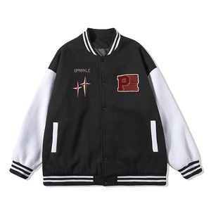 白底 春季新款港风小天使印花潮牌拼接棒球服夹克外套G97P65控88图片