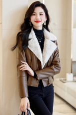冬季夹棉小皮衣外套女秋冬韩版短款夹克小个子仿羊羔毛翻领PU皮棉衣，女装皮衣，江南女神