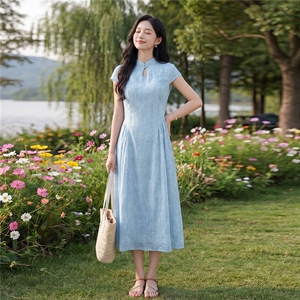 复古气质连衣裙女夏季新款女神范时尚收腰显瘦减龄中长款裙子图片