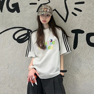抖音得物高品质二开240克宽松纯棉美式潮牌三条杠织带短袖T恤图片