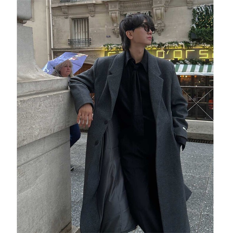 秋冬韩版高级感美拉德毛呢大衣男中长款垫肩宽松过膝呢子风衣外套，男装风衣，星座710