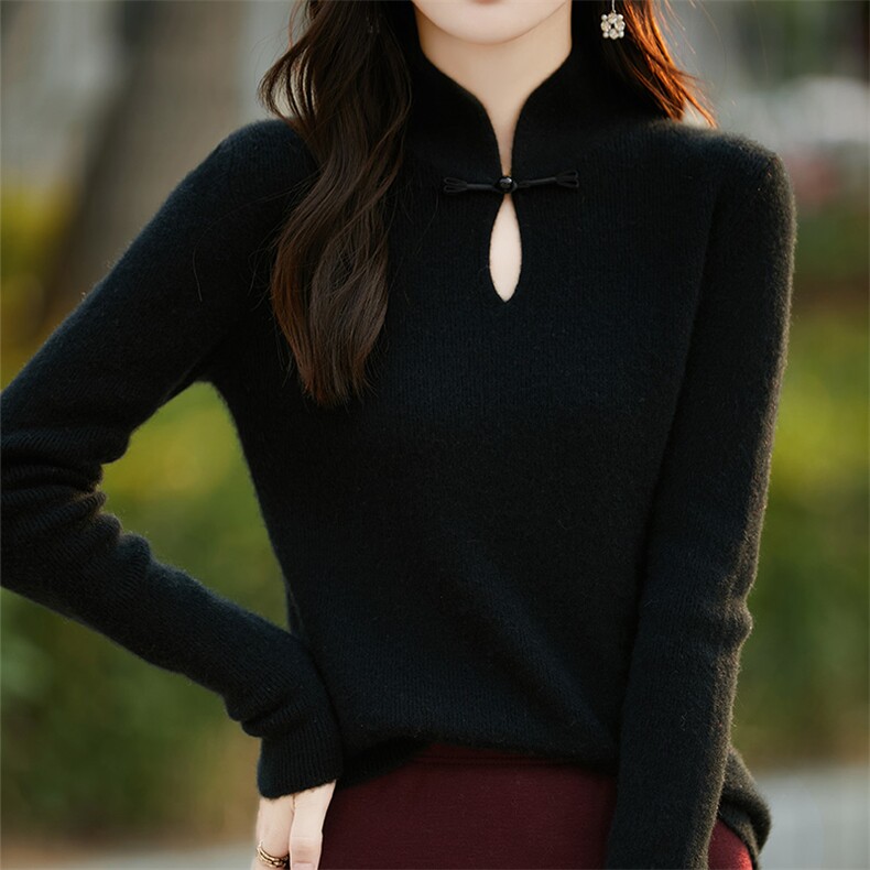 复古新中式100%纯羊毛衫针织毛衣女立领盘扣国风毛衣宽松羊绒打底，女装羊毛衫，越洋羊