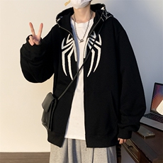 美式蜘蛛刺绣拉链开衫连帽卫衣外套情侣潮牌宽松街头夹克QW69-P58，男装卫衣，星座1008