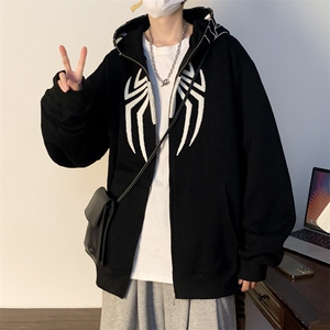 美式蜘蛛刺绣拉链开衫连帽卫衣外套情侣潮牌宽松街头夹克QW69-P58图片