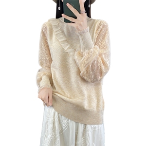 精纺羊毛蕾丝拼接女半高领套头宽松上衣秋季新款纯色针织薄款毛衣图片