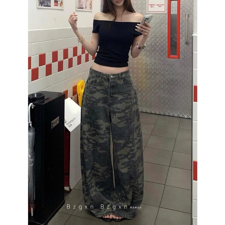 美式复古迷彩阔腿牛仔裤女夏季新款街头辣妹宽松廓形拖地弯刀长裤,女装牛仔裤,星座218-8