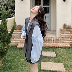 韩系设计感西装马甲套装裙女2025春新款独特漂亮衬衫百褶裙三件套，女装套装/套裙，2C176
