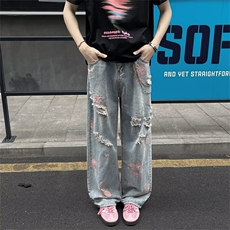 复古水洗牛仔裤男女潮牌宽松百搭直筒长裤男4126P49，男装牛仔裤，星座410-2