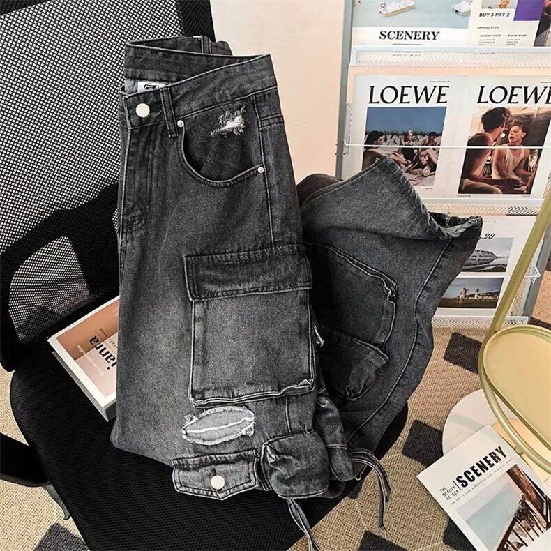 街头重工多口袋伐木工装裤男女微喇设计感破洞毛边宽松阔腿牛仔裤,男装牛仔裤,星座1210-1